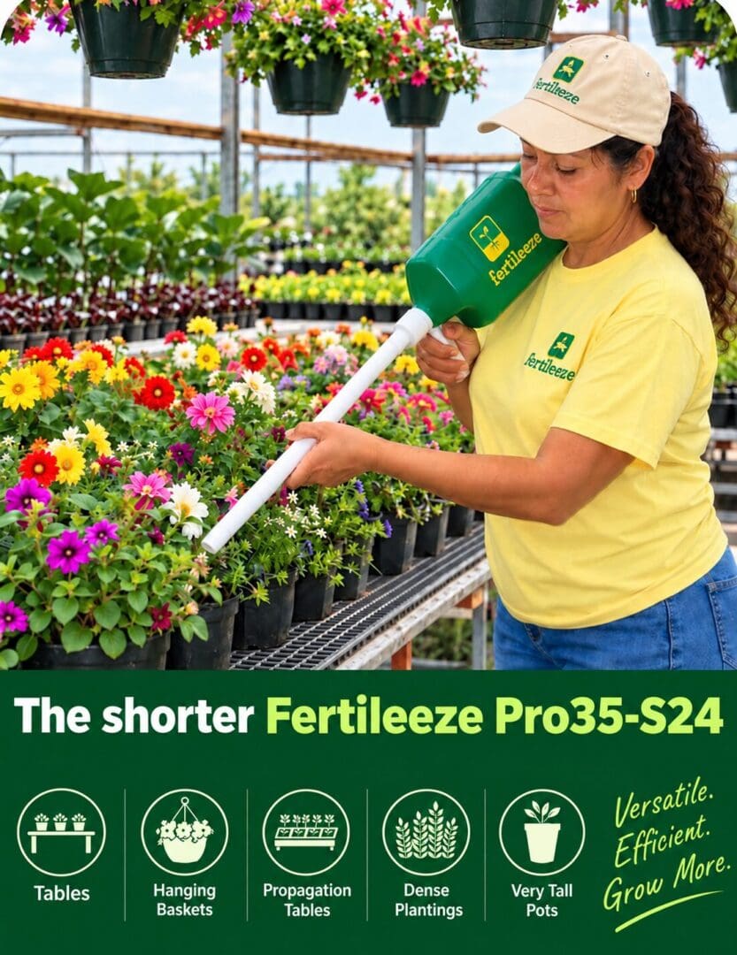 Woman using green Fertileeze applicator on flowers